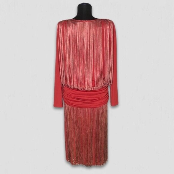 Vintage rare 70s Red Fringe 20s Flapper style elegant Cocktail Dress Sz L - Picture 2 of 13